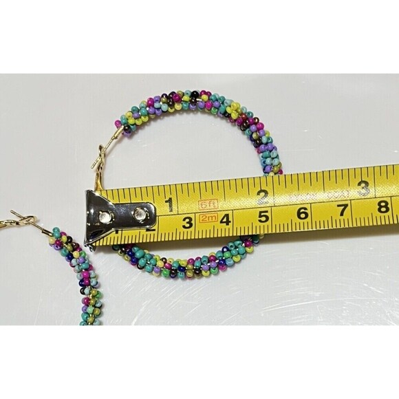 Sead Bead Textured Hoop Womens Earrings 2in Multi Colored Rainbow Kidcore - Picture 4 of 6